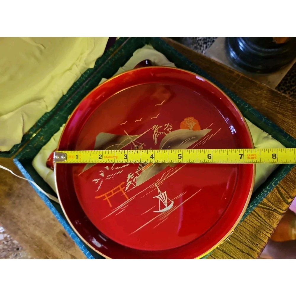 Japanese Aizu Lacquerware Sake Cups Tray Set MT FUJI Red Lacquer Gold Gilt‎ VTG